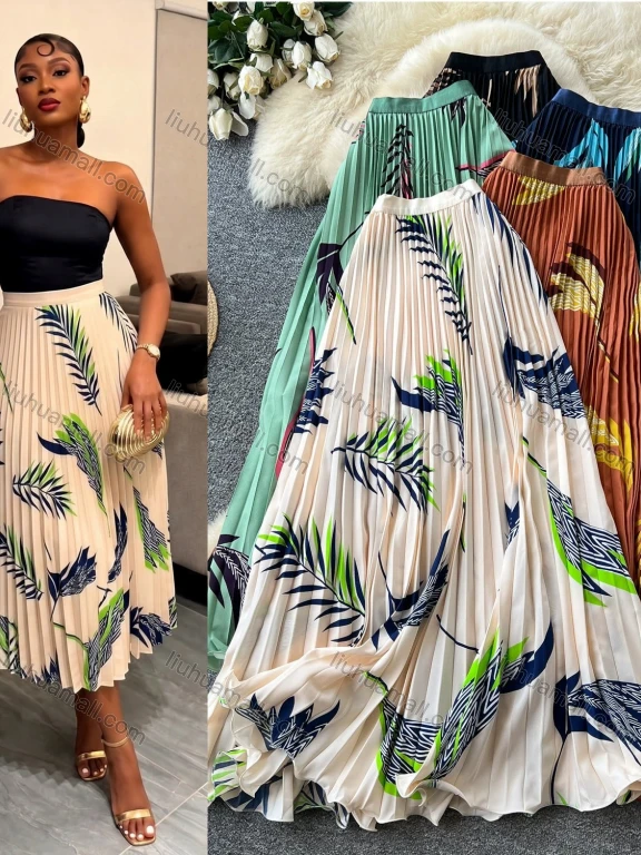 Wholesale Women's Vacation High-Waisted Pleated Printed Midi Skirt #SK2820