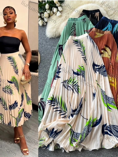 Wholesale Women's Vacation High-Waisted Pleated Printed Midi Skirt #SK2820