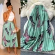 Wholesale Women's Vacation High-Waisted Pleated Printed Midi Skirt #SK2820 A-Cyan Clothing Wholesale Market Liuhua