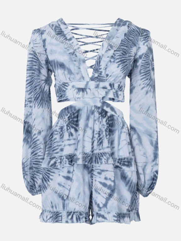 Wholesale Women's Chiffon Plunge Neck Long Sleeve Ruffle Trim Cutout Lace Up Back Romper