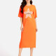 Women's Casual Star Short Sleeve Crew Neck Split Side Dress EG-3486# Orange Clothing Wholesale Market -LIUHUA