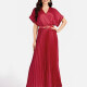 Women's Casual Plain Wrap Short Sleeve Splicing Pleated Maxi Dress EG-3481# Brick Red Clothing Wholesale Market -LIUHUA