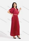 Wholesale Women's Casual Plain Wrap Short Sleeve Splicing Pleated Maxi Dress EG-3481# - Liuhuamall