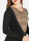 Wholesale Women's Casual Drape Neck Leopard Rhinestone Long Sleeve Top - Liuhuamall