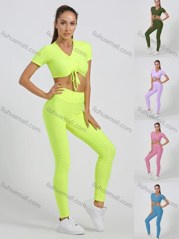 Wholesale Women's V Neck Tie Front Crop Top With High Waist Legging Sporty 2 Piece Set