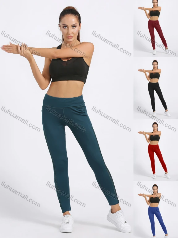 Wholesale Women's Sporty Plain Topstitch Sewing Pockets Elastic Workout Leggings