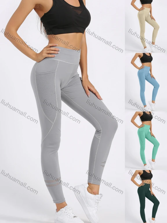 Wholesale Women's Sporty High Waist Plain Topstitch Sewing Mesh Pocket Workout Leggings