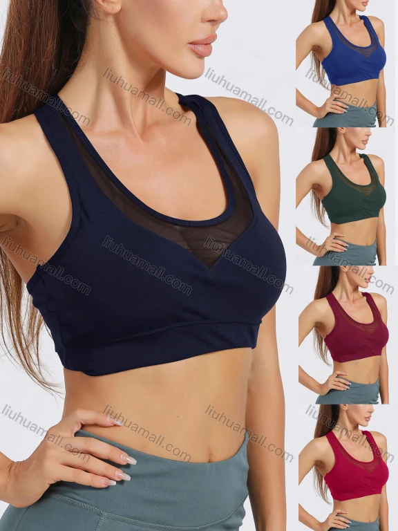 Wholesale Women's Sporty Scoop Neck Racerback Plain Mesh Splicing Crop Tank Top