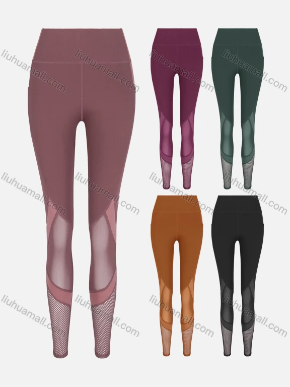 Wholesale Women's Sporty High Waist Mesh Pockets Patchwork Breathable Leggings