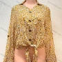 Wholesale Women's Turn-down Collar Long Sleeve Floral Buttons Front Knot Hem Blouse preview