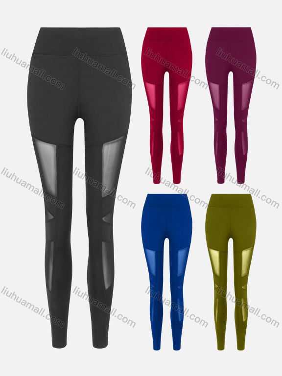 Wholesale Women's Sporty High Waist Cut Out Mesh Plain Elastic Leggings