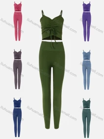 Wholesale Women's Spaghetti Strap Drawstring Plain Cami & High Waist Pants 2-Piece Set, LIUHUA CLOTHING WHOLESALE