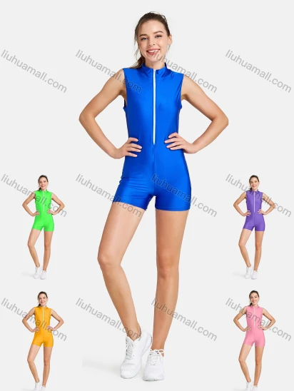 Wholesale Women's Sporty High Stretchy Mock Neck Sleeveless Zipper Colorblock Romper