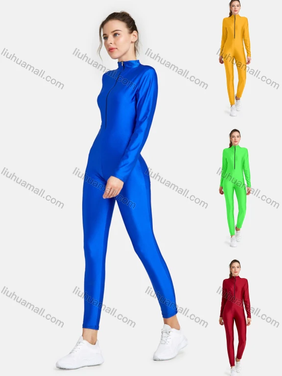 Wholesale Women's Sporty High Stretchy Mock Neck Zipper Jumpsuit