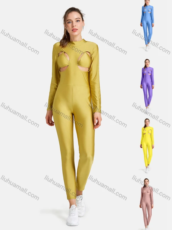 Wholesale Women's 2-Pieces Sporty High Stretchy Mock Neck Cutout Jumpsuit With Triangle Bikini