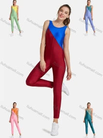 Wholesale Women's Sporty High Stretchy Crew Neck Sleeveless Colorblock Jumpsuit, LIUHUA CLOTHING WHOLESALE