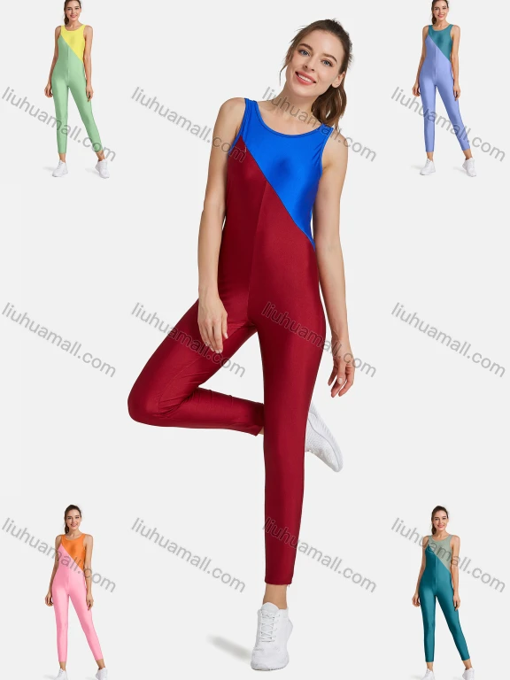 Wholesale Women's Sporty High Stretchy Crew Neck Sleeveless Colorblock Jumpsuit