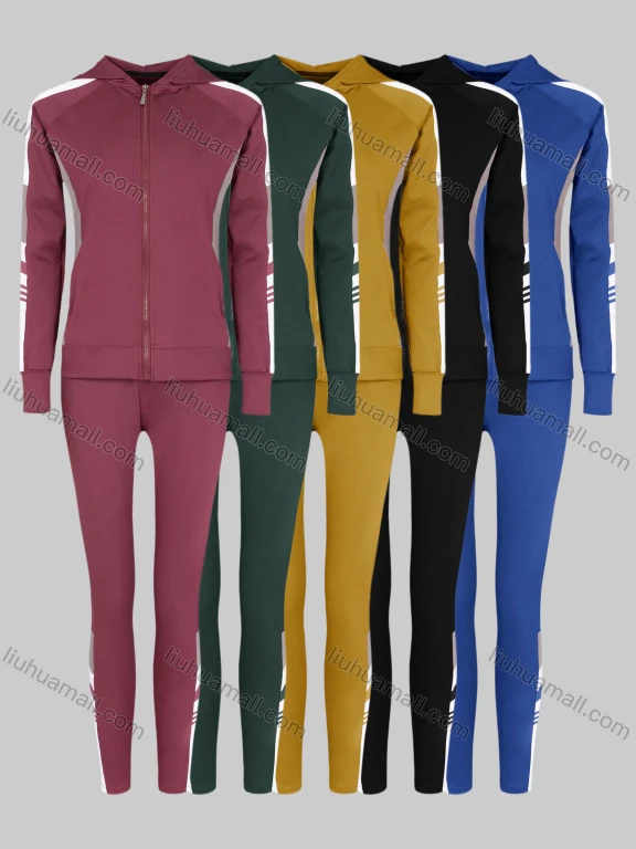 Wholesale Women's Yoga Striped Long Sleeve Zipper Hoodie & Ankle Length Legging 2 Piece Set