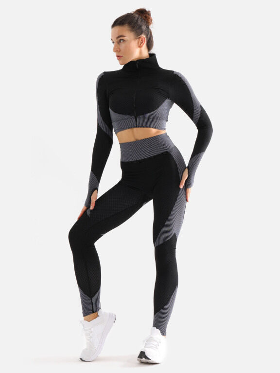 Women's 2 Piece Colorblock Workout Outfits Sports Long Sleeve Top Seamless Leggings Yoga Gym Activewear Set AB31#, LIUHUA Clothing Online Wholesale Market, Featured-Topics, Knit-Sweaters