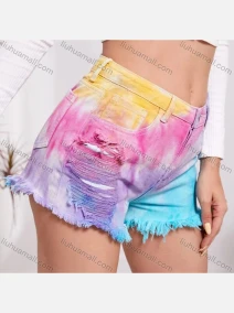 Wholesale Women's Tie Dye Frayed Raw Hem Denim Shorts, LIUHUA CLOTHING WHOLESALE