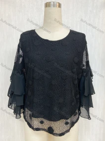 Wholesale Women's Layered Sleeve Lace Cutout Pompom Keyhole Fake Two Piece Blouse, LIUHUA CLOTHING WHOLESALE