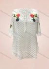 Wholesale Women's Casual Pin Dot Floral Embroidery Tie Neck Cold Shoulder Blouse - Liuhuamall