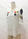 Wholesale Women's Casual Pin Dot Floral Embroidery Tie Neck Cold Shoulder Blouse - Liuhuamall