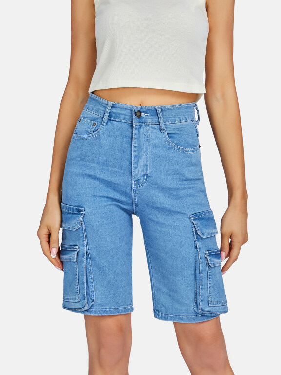 Women's Casual Plain Multiple Pockets Denim Shorts, Clothing Wholesale Market -LIUHUA, Denim