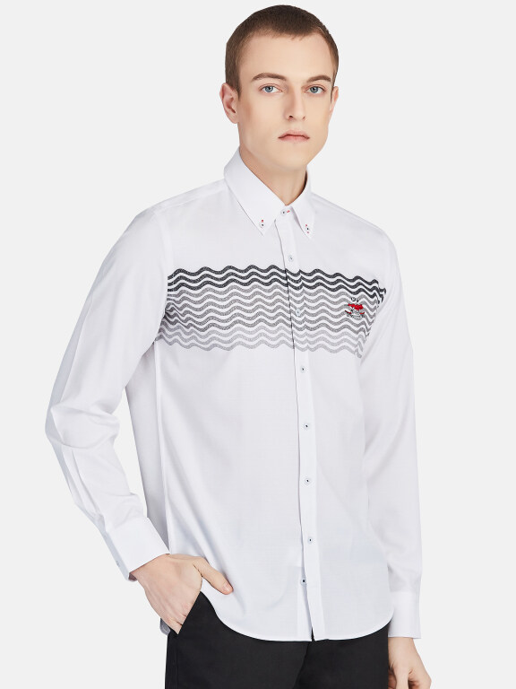 Men's Casual Collared Long Sleeve Button Down Wave Print Shirt P001-2#, Clothing Wholesale Market -LIUHUA, 