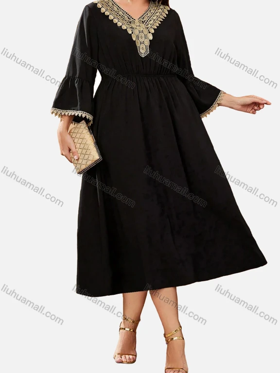 Wholesale Women's Casual Embroidery V Neck Long Sleeve Ruffle Hem Midi Kaftan