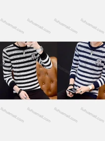 Wholesale Men's Casual Slim Fit Long Sleeve Patch Label Striped Knit Sweater, LIUHUA CLOTHING WHOLESALE