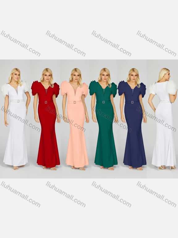 Wholesale Women's Elegant Plain Rhinestone 3D Floral Split Side Short Sleeve Maxi Mermaid Evening Dress With Belt