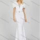 Wholesale Women's Elegant Plain Rhinestone 3D Floral Split Side Short Sleeve Maxi Mermaid Evening Dress With Belt White Clothing Wholesale Market Liuhua