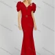 Wholesale Women's Elegant Plain Rhinestone 3D Floral Split Side Short Sleeve Maxi Mermaid Evening Dress With Belt Red Clothing Wholesale Market Liuhua