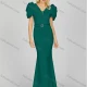Wholesale Women's Elegant Plain Rhinestone 3D Floral Split Side Short Sleeve Maxi Mermaid Evening Dress With Belt Green Clothing Wholesale Market Liuhua
