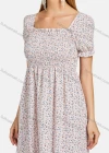 Wholesale Women's Casual Square Neck Shirred Sleeve Floral Print Back Lace Up Dress - Liuhuamall