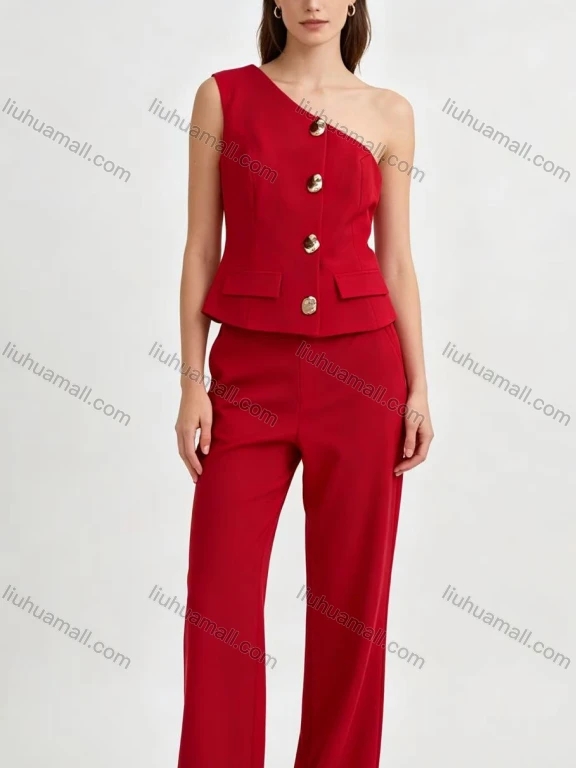 Wholesale Women's 2-piece set. One-shoulder top with metallic buttons, high-waist wide leg trousers.