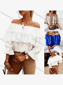 Wholesale Women's Fashion Off Shoulder Tiered Plain Blouse, LIUHUA CLOTHING WHOLESALE