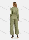 Wholesale Women's Turn-down Collar Shirt Sleeve Buttons Lace Up Plain Jumpsuit - Liuhuamall