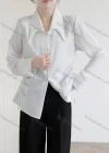 Wholesale Women's Casual Long Sleeve Collared Side Drawstring Button Down Plain Blouse 423742# - Liuhuamall