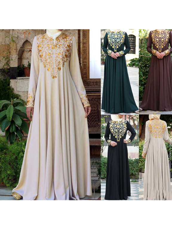 Women's Elegant Islamic Muslim Floral Print Long Sleeve Embroidery Maxi Dress, Clothing Wholesale Market -LIUHUA, SPECIALTY
