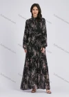 Wholesale Women's Elegant Floral Print Chiffon Stand Collar Long Sleeve Pleated Maxi Dress - Liuhuamall
