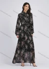 Wholesale Women's Elegant Floral Print Chiffon Stand Collar Long Sleeve Pleated Maxi Dress - Liuhuamall