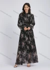 Wholesale Women's Elegant Floral Print Chiffon Stand Collar Long Sleeve Pleated Maxi Dress - Liuhuamall