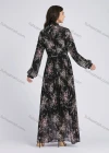 Wholesale Women's Elegant Floral Print Chiffon Stand Collar Long Sleeve Pleated Maxi Dress - Liuhuamall