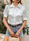 Wholesale Women's Collared Puff Sleeve Button Down Plain Satin Casual Shirt AY172# - Liuhuamall