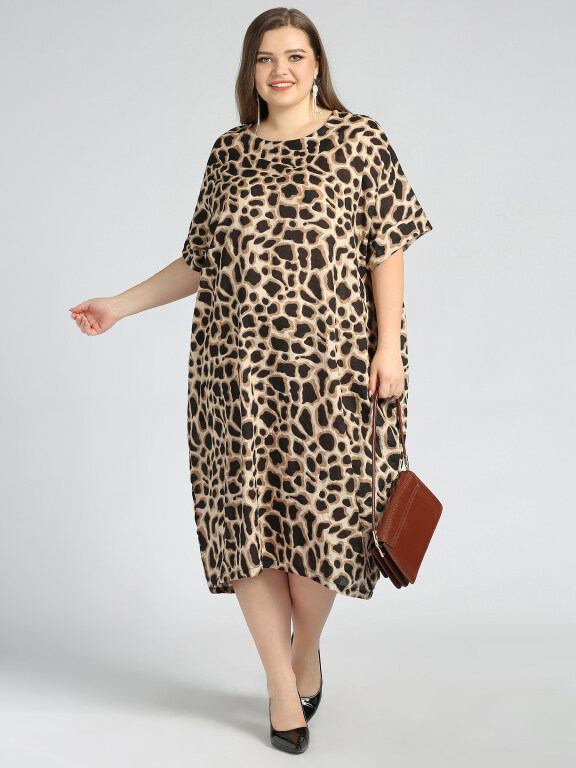 Women's Round Neck Short Sleeve Allover Leopard Print Plus Midi Dress, Clothing Wholesale Market -LIUHUA, 