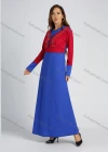 Wholesale Women's Colorblock Long Sleeve Round Neck Lace Up Front Pearl Decor Embroidery Maxi Dress - Liuhuamall