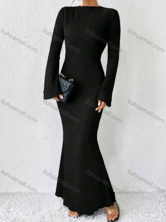 Wholesale Women’s Bateau Neck Ribbed Long Sleeve Maxi Dress Elegant Casual Style With Trumpet Sleeve 5013#