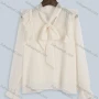 Wholesale Women's Casual Plain Tie Neck Bow Tie Ruffle Trim Pearl Decor Poet Sleeve Layered Blouse preview
